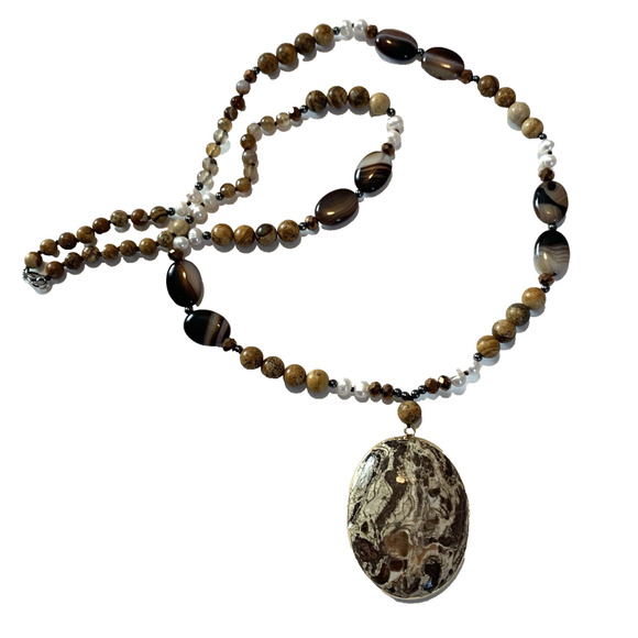Vtg Agate Cultured Pearl Necklace Polished Gemstones Bold Southwest Statement - Picture 1 of 13